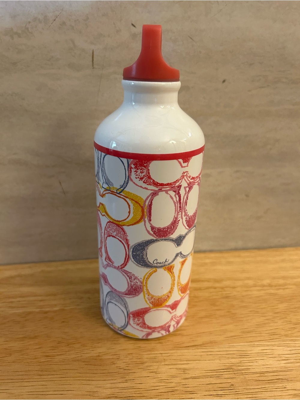 Coach White Aluminum Bottle with Coral Spout and Multicolor Signature Loop Print